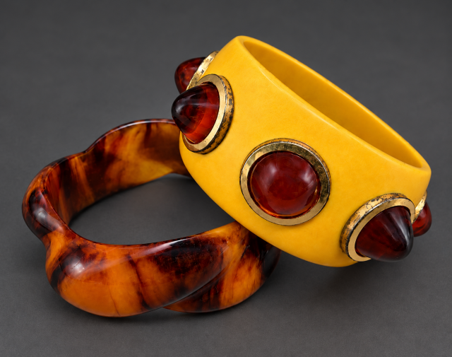 wide yellow bakelite bangle with tortoise cone dots & marbled rootbeer rope carved bakelite ba